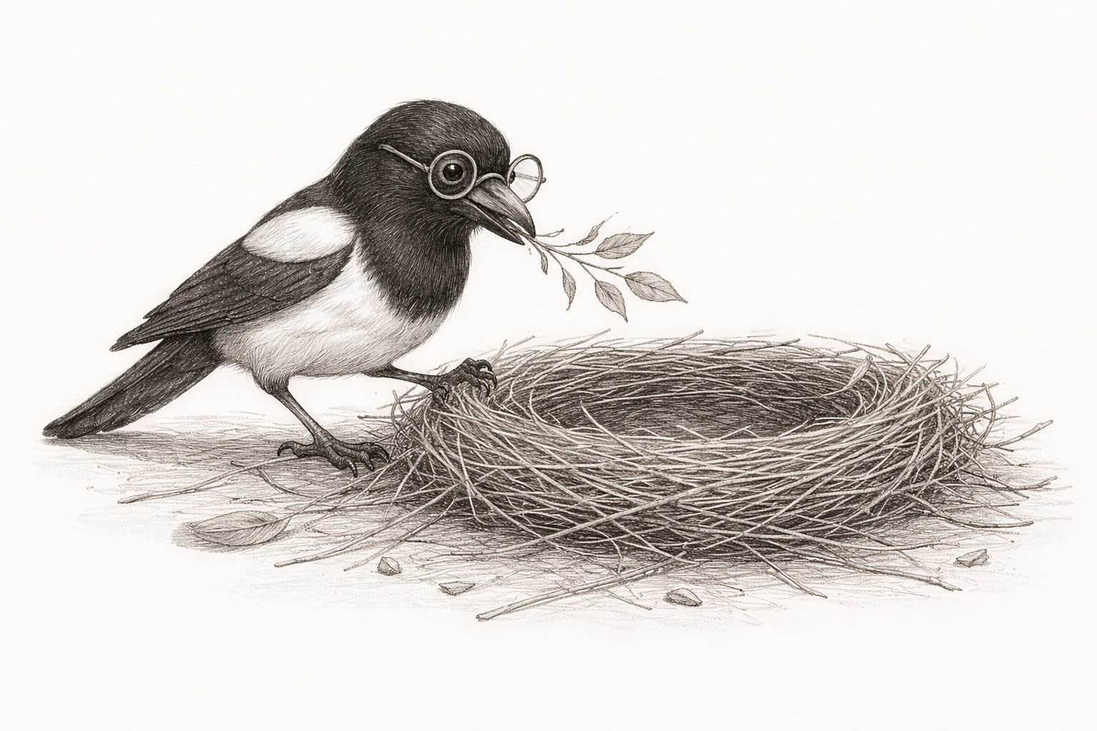 A magpie wearing glasses building a nest.